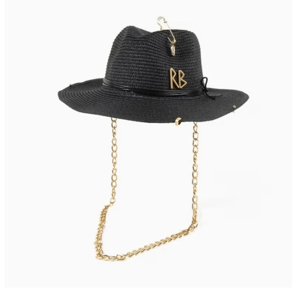 NEW LIKE RUSLIN BAGINSKI Black Wide Brim Fedora Hat with Gold Chain D